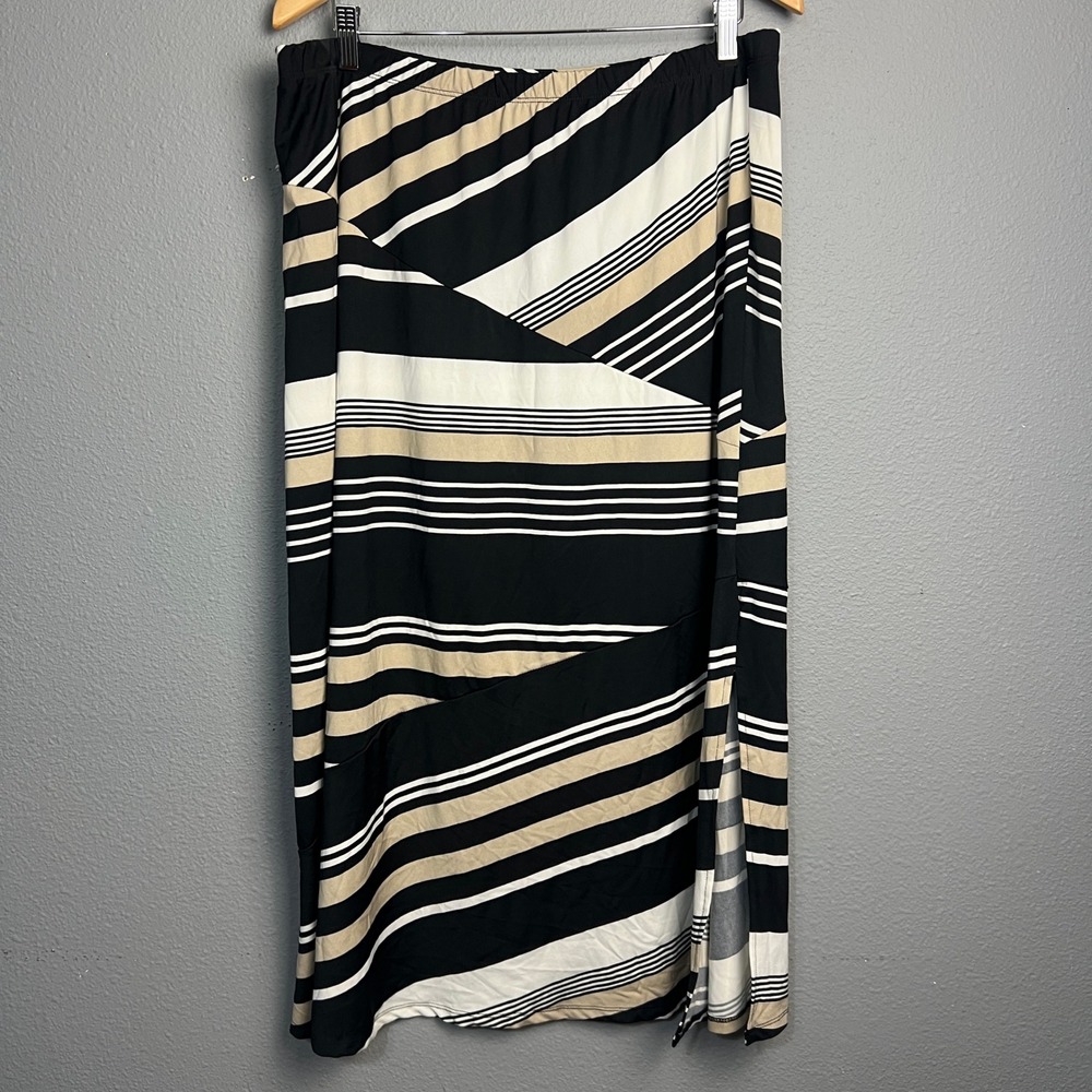 Kim Rogers XL Black Beige White Striped Midi Skirt Stretch Pull-On Travel Casual